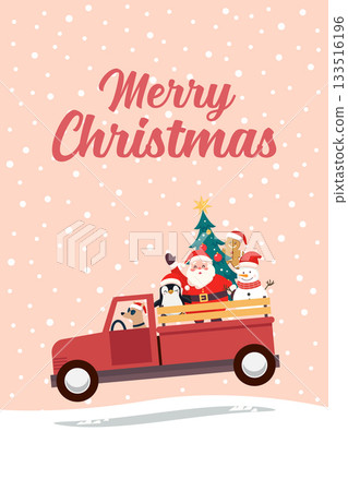 Christmas Cute Santa Claus and Snowman on the Red Truck Greeting card. 133516196
