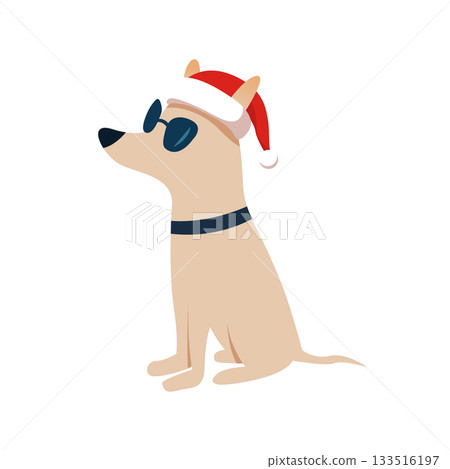 Cute white dog wearing santa hat illustration. 133516197