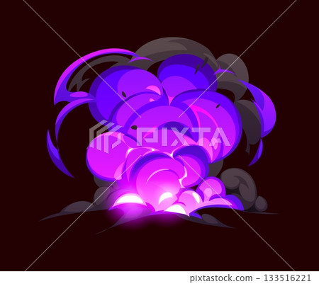 Cartoon bomb explosion, magic smoke of boom explode with clouds, vector effect. Explosive burst of TNT bomb or energy outburst with clouds blast in cartoon effect with neon light of magic smoke 133516221
