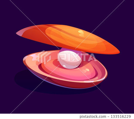 Cartoon marine open pearl shell or mollusk scallop. Underwater life valuable oyster isolated vector clam, marine jewelry pearl shell. Sea bottom rare seashell or ocean nature precious scallop mollusk Cartoon marine open pearl shell or mollusk scallop. Underwater life valuable oyster isolated vector clam, marine jewelry pearl shell. Sea bottom rare seashell or ocean nature precious scallop mollusk 133516229