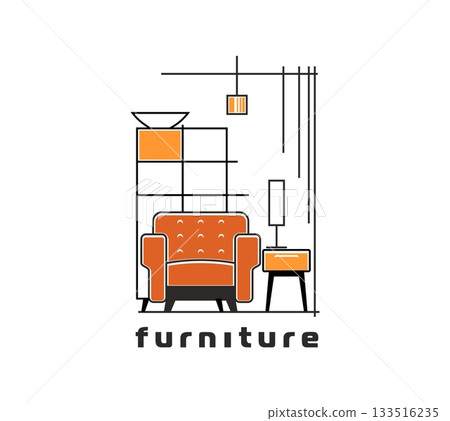 Home interior Home furniture icon or badge. House living room furniture company vector icon, office or hotel room decor store emblem. Home interior design brand symbol with armchair, drawer and lamps Home interior Home furniture icon or badge. House living room furniture company vector icon, office or hotel room decor store emblem. Home interior design brand symbol with armchair, drawer and lamps 133516235