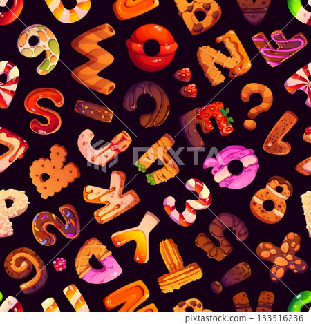 Sweet candy type, dessert font seamless pattern. Vector tile background with cookie and pastry shaped alphabet letters and numbers. Playful delicious print for kids, cafe, wallpaper or wrapping paper Sweet candy type, dessert font seamless pattern. Vector tile background with cookie and pastry shaped alphabet letters and numbers. Playful delicious print for kids, cafe, wallpaper or wrapping paper 133516236