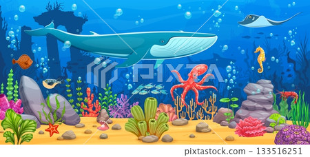 Underwater landscape with cartoon blue whale and octopus in coral reef, vector background. Sea and ocean underwater landscape with seahorse and manta ray or fugu fish with pearl shell in deep water Underwater landscape with cartoon blue whale and octopus in coral reef, vector background. Sea and ocean underwater landscape with seahorse and manta ray or fugu fish with pearl shell in deep water 133516251