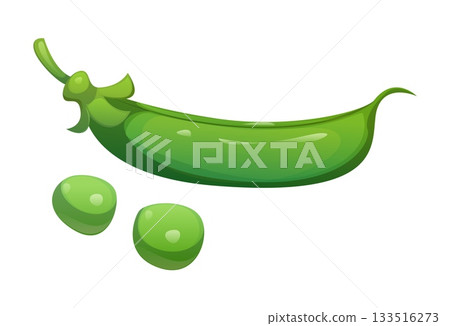 Cartoon green pea pod with two loose peas beside it. Isolated vector fresh legume bean with smooth green shell and raw ripe round seeds, showing natural texture. Healthy plant based vegetarian food 133516273