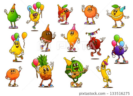 Cartoon groovy fruit characters on celebration party. Cheerful orange, apple, pear and pineapple. Kiwi, banana, lemon, mango, plum, watermelon with cherry or blueberry with hats, balloons and gifts 133516275