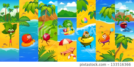 Cartoon vegetable characters on summer vacation, funny collage. Avocado, pumpkin, tomato, beetroot, broccoli, radish and spinach relax at beach. Vector veggies play, swim and surf in tropical paradise 133516366