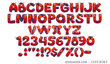Ladybug font, ladybird and lady bug typeface, cartoon insect type, funny beetle english alphabet. Vector typography red bug letters and numbers set with black dots. Ladybug or ladybird font alphabet 133516367