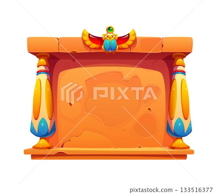 Cartoon ancient Egypt game vector frame. Antique Egyptian stone board. Sandstone frame with cracks carved into the surface, two ornate yellow columns and scarab beetle with jewel and gold wings 133516377