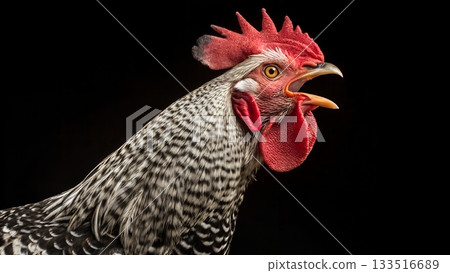 Dramatic rooster crowing loudly with vibrant colors on black, perfect for farm themes or raising awareness about animal welfare and ethical sourcing 133516689