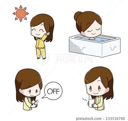 Set of 4 illustrations of how to sleep well - women Set of 4 illustrations of how to sleep well - women 133516780