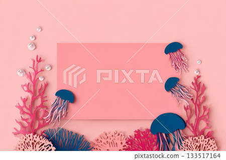Paper cut coral reef scene with jellyfish and blank card inviting serene marine message, pastel pink background Paper cut coral reef scene with jellyfish and blank card inviting serene marine message, pastel pink background 133517164