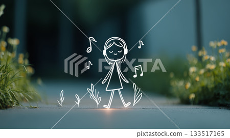 Girl listening to music with headphones walking on sidewalk surrounded by plants and musical notes, calm outdoor scene conveying peaceful stroll Girl listening to music with headphones walking on sidewalk surrounded by plants and musical notes, calm outdoor scene conveying peaceful stroll 133517165