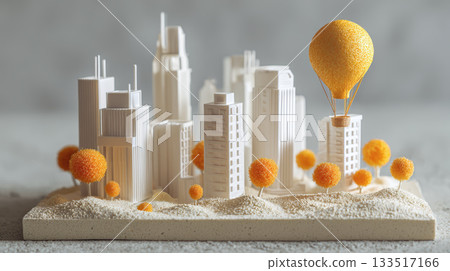 White miniature cityscape with orange spherical trees and balloon White miniature cityscape with orange spherical trees and balloon 133517166