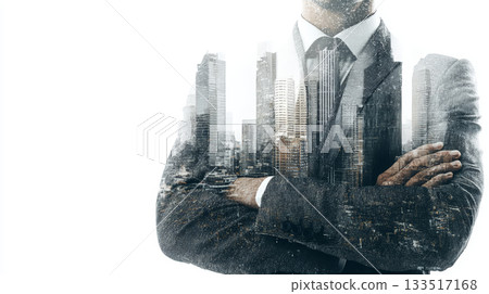 Businessman with city skyline double exposure standing with folded arms conveying ambition and confidence Businessman with city skyline double exposure standing with folded arms conveying ambition and confidence 133517168