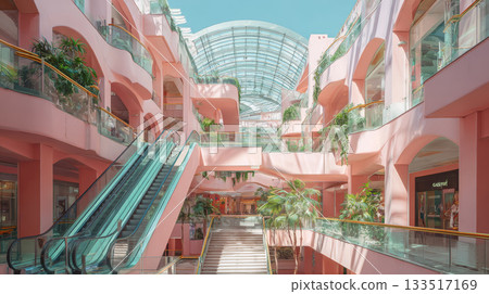 Pink atrium shopping mall with glass ceiling and escalator, indoor palm plants, sunlight and pastel architecture creating serene atmosphere 133517169