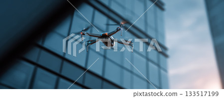 Drone quadcopter city modern glass building urban technology surveillance aerial 133517199