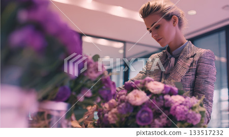 Elegant florist arranging purple bouquet, soft light, modern shop interior, calm mood, professional woman, fresh flowers, delicate petals 133517232