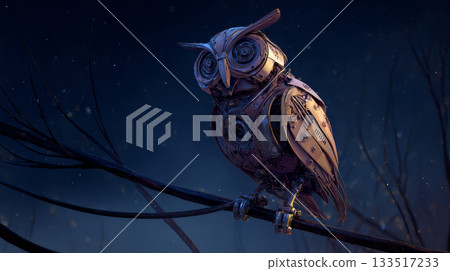 Mechanical owl steampunk cybernetic metallic night moonlight forest branch fantasy futuristic creature perched calmly in eerie glow 133517233