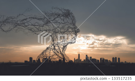 Ethereal wire portrait silhouette skyline sunset cityscape sculpture art abstract surreal sky skyline mood blends wonder and calm over urban 133517235