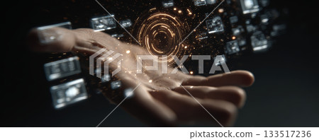 Futuristic interface hologram digital hand technology innovation sci fi virtual cyberpunk energy immersive control glowing ui 133517236