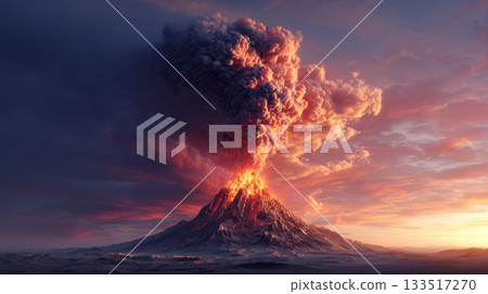 Erupting volcano, volcanic ash, lava flow, dramatic sky, sunset light, smoke plume 133517270