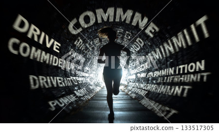 Silhouette runner in tunnel of motivational words conveying determination and ambition, energetic motion and focused pursuit of goals 133517305
