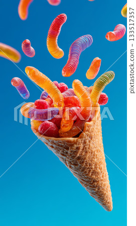Colorful gummy worms and fruit candy spilling from waffle cone, playful sweet treat in bright studio light 133517357
