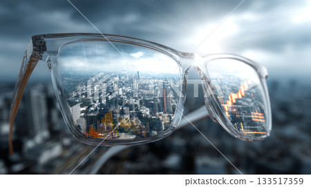 Clear eyeglasses lens framing city skyline with digital financial chart overlay and dramatic sky Clear eyeglasses lens framing city skyline with digital financial chart overlay and dramatic sky 133517359