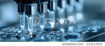 Automated soldering nozzles placing precise drops electronic circuit board cool blue lighting, high precision manufacturing scene with focused 133517641