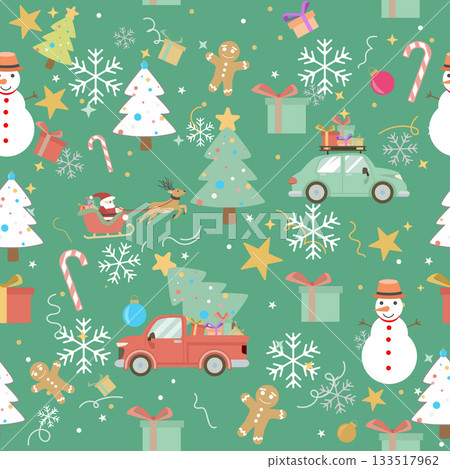 Cute Seamless Pattern with Holiday Icons on a Green Background. collection of classic Christmas and winter holiday icons scattered across a pleasant mint green background. Cute Seamless Pattern with Holiday Icons on a Green Background. collection of classic Christmas and winter holiday icons scattered across a pleasant mint green background. 133517962