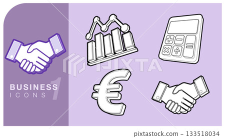 Collection of business finance and calculations icons including a handshake, financial graph, the Euro currency and calculator. These icons represent key business and financial concepts. Vector EPS. 133518034