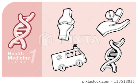 Collection of health and medicine icons including DNA strands, knee joints, a hand holding pills and an ambulance. Perfect for medical, wellness and healthcare related designs. Vector illustration. 133518035