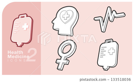 Set of health and medicine icons featuring a blood bag, a head with heart, heartbeat line and the female gender symbol. Ideal for healthcare, wellness and medical themed designs. Vector illustration. Set of health and medicine icons featuring a blood bag, a head with heart, heartbeat line and the female gender symbol. Ideal for healthcare, wellness and medical themed designs. Vector illustration. 133518036