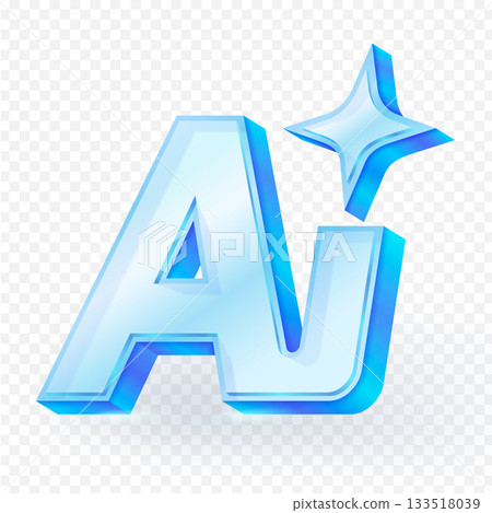 Glossy 3d AI icon in blue with sparkling star, representing artificial intelligence, technology and innovation. Perfect for tech related designs and digital projects. Vector illustration. 133518039