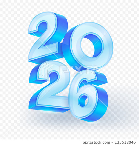 3D of the year 2026, featuring large, glossy, Glass numbers with a dynamic shadow, perfect for New Year's, calendar designs and futuristic themes on a transparent background. Vector illustration. 133518040