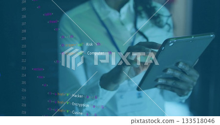 Navigating woman in white shirt with lanyard using tablet in office, with code overlay, copy space Navigating woman in white shirt with lanyard using tablet in office, with code overlay, copy space 133518046