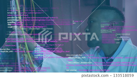 Inspecting scientist in lab coat examining wires on lab bench with code overlay, copy space Inspecting scientist in lab coat examining wires on lab bench with code overlay, copy space 133518059