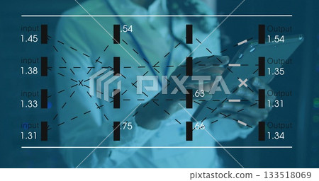 Woman in shirt and blue lanyard analyzing tablet neural network overlay in data center Woman in shirt and blue lanyard analyzing tablet neural network overlay in data center 133518069