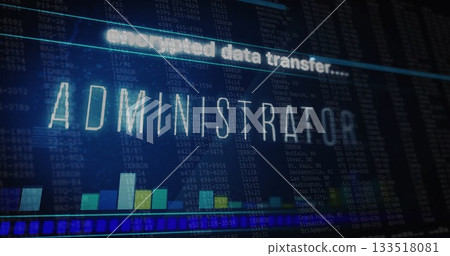 Displaying ADMINISTRATOR overlay on monitor, showing data transfer status, bar charts, code logs 133518081
