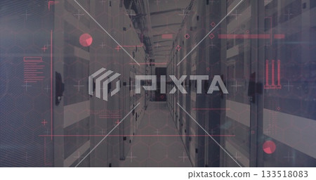 Extending server room corridor showing racks and switches, with cables, status lights and overlay Extending server room corridor showing racks and switches, with cables, status lights and overlay 133518083