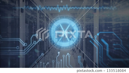 Glowing circular HUD floating in data center aisle, with server racks, circuit traces, waveform 133518084
