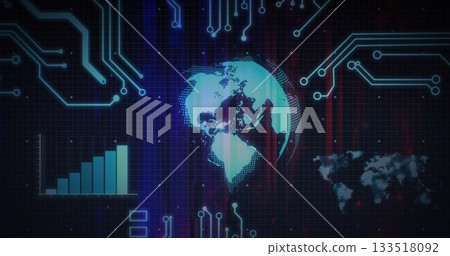 Displaying stylized Earth globe rotating on virtual interface, with bar chart and map outline 133518092
