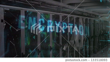 Displaying server racks glowing with LED lights, holographic encryption overlay inside data center 133518093