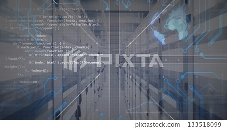 Showing central data center corridor blending server racks with code overlay and holographic globe Showing central data center corridor blending server racks with code overlay and holographic globe 133518099