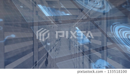 Displaying corridor with tunnel view at network hub, featuring server racks and translucent panels 133518100