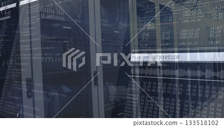 Displaying data center racks revealing rack hardware and network cables, with encryption overlay 133518102