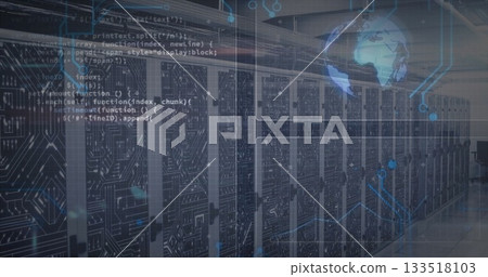 Showing server racks in data center with LED lights, patch cables, digital overlays, globe hologram Showing server racks in data center with LED lights, patch cables, digital overlays, globe hologram 133518103