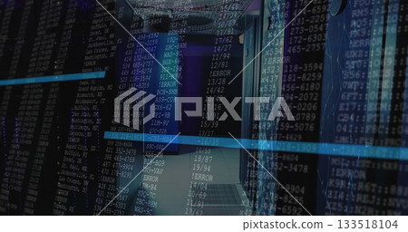 Displaying central server rack aisle streaming code overlays in data center, with cable trays 133518104