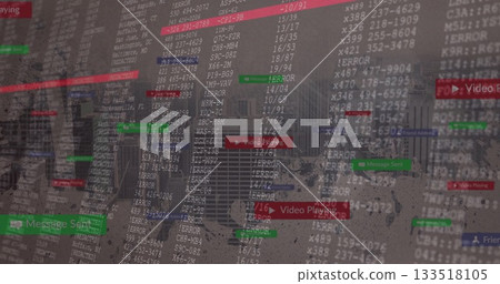 Overlaying codes over blurred skyline, showing ERRORs, green Message Sent boxes, red Playing boxes 133518105