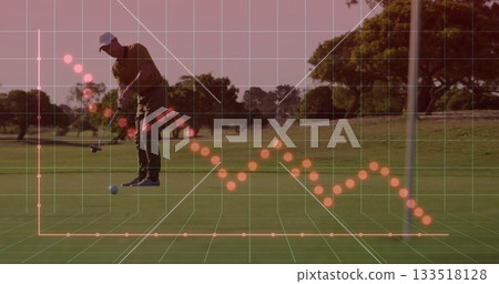 Aligning male golfer placing putter by ball on putting green, showing grid overlay, red data points Aligning male golfer placing putter by ball on putting green, showing grid overlay, red data points 133518128
